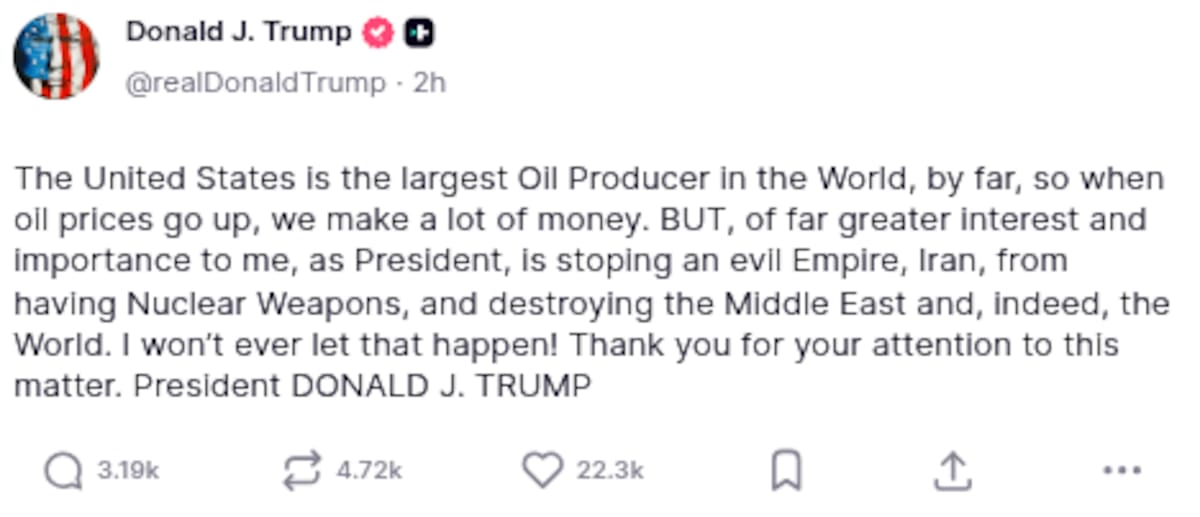 Donald Trump en Truth Social. | Imagen: Captura de pantalla