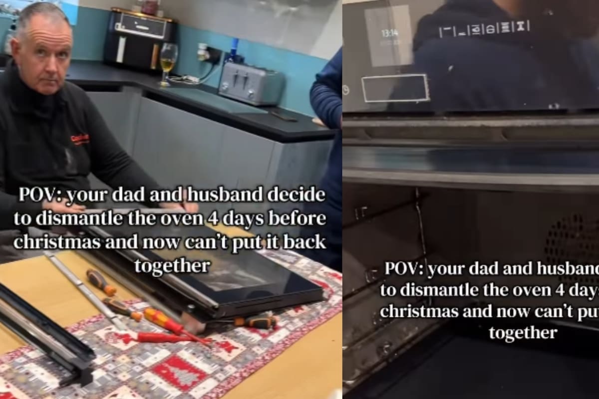 “Sus caras lo dicen todo”: esposo y suegro desarman el horno 4 días antes de Navidad y no logran volver a armarlo