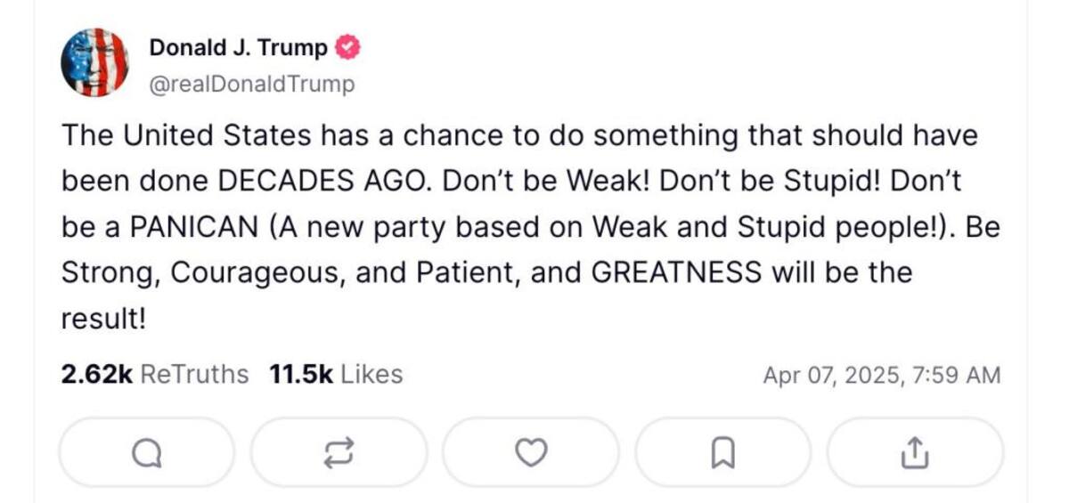El mensaje de Trump a los estadounidenses ante caída de mercados por sus aranceles. | Crédito: Truth Social @realDonaldTrump