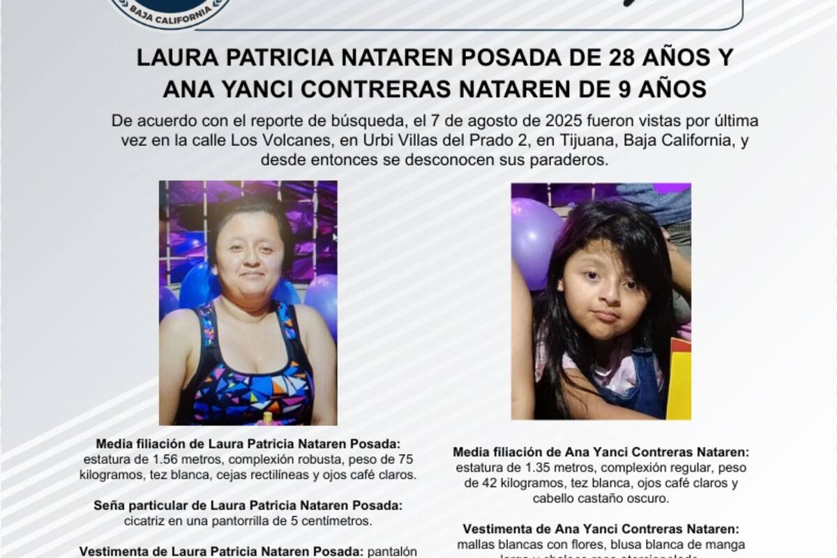 Se busca a Laura Patricia Nataren Posada de 28 años de edad y a Ana Yanci Contreras Nataren de 9 años de edad