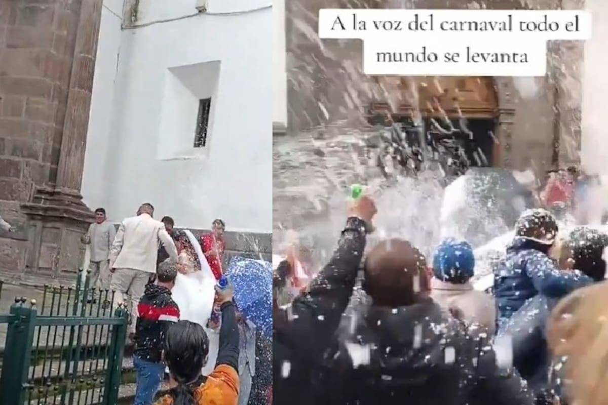 VIDEO: Recién casados salen de la iglesia y terminan cubiertos de espuma… ¡por culpa del Carnaval!