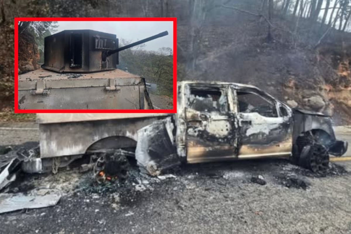 Balacera en Sinaloa deja vehículo blindado calcinado, armas de alto poder y lanza explosivos casero asegurados