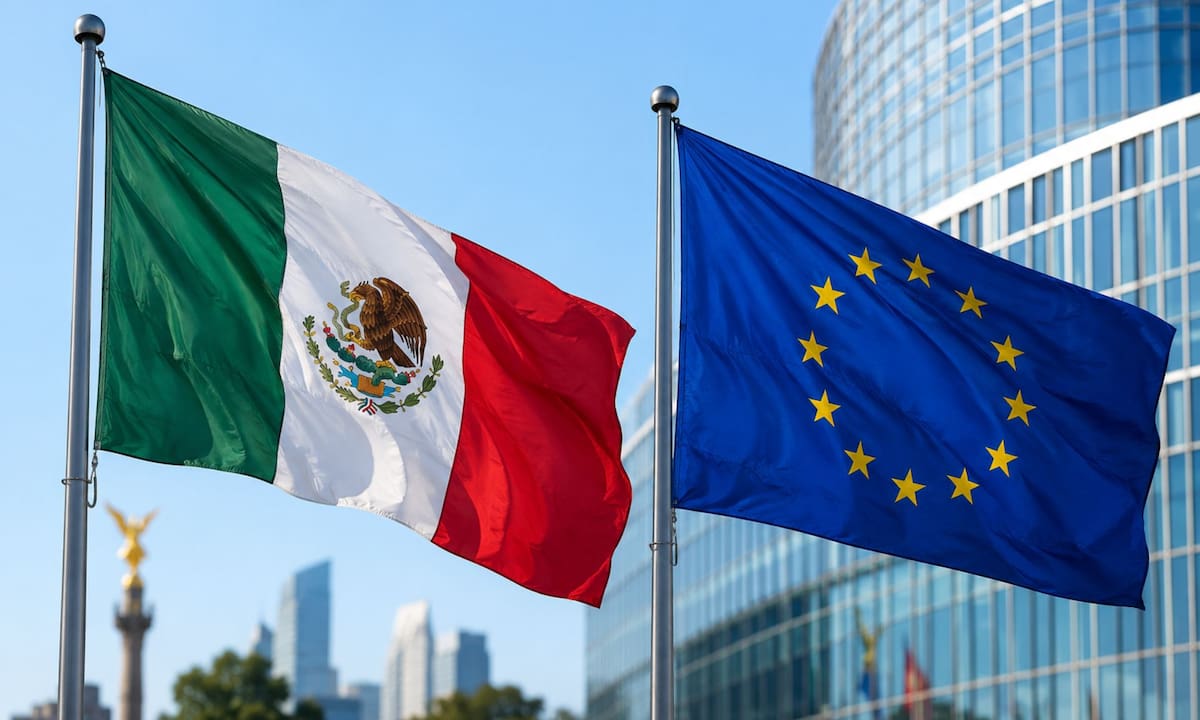 México y la Unión Europea modernizan su Acuerdo Global tras seis años de parálisis, eliminando aranceles para diversificar las exportaciones nacionales frente a las tensiones comerciales con Estados Unidos | Imagen hecha con IA