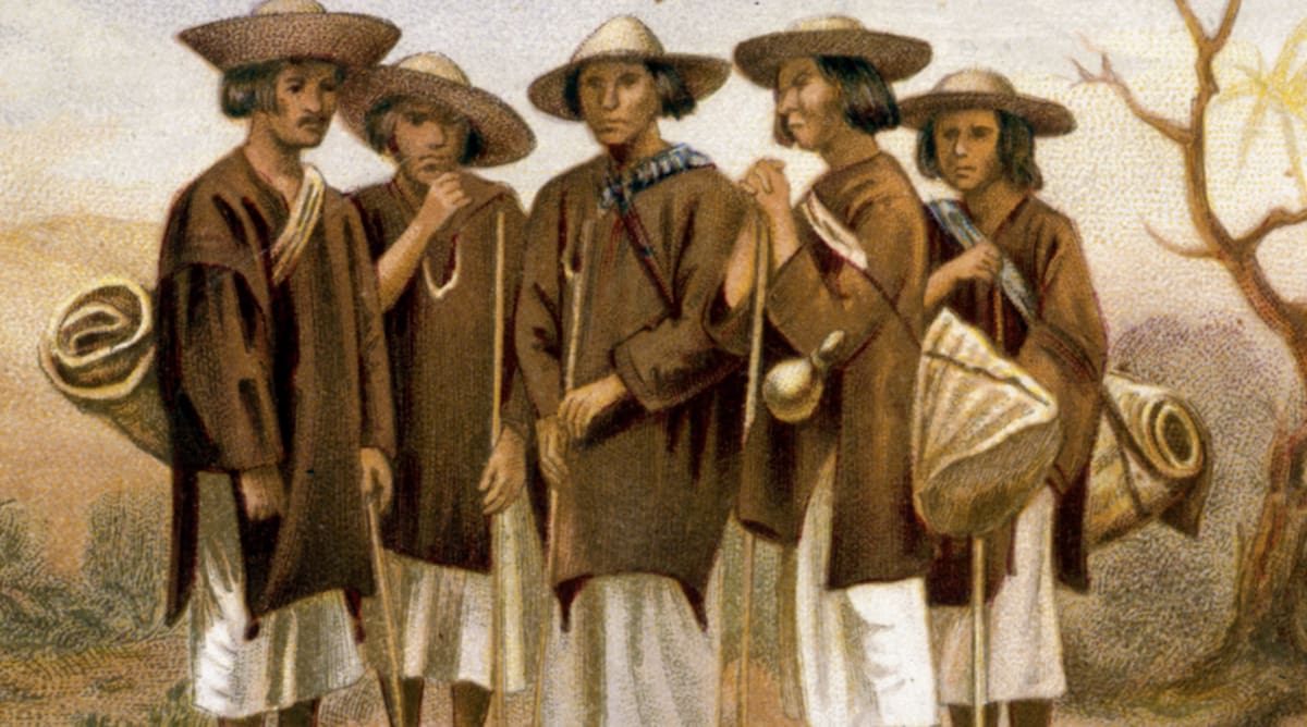 La vestimenta en la Nueva España variaba según la región, el origen y la posición social; esta representación muestra prendas utilizadas por distintos sectores de la población. Foto: "Totonacos de Tlapacoyan, Veracruz", Antonio García Cubas.