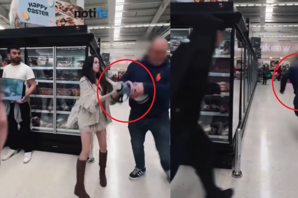 Hombre furioso arrebata el megáfono a activista vegana en supermercado y lo rompe contra el suelo