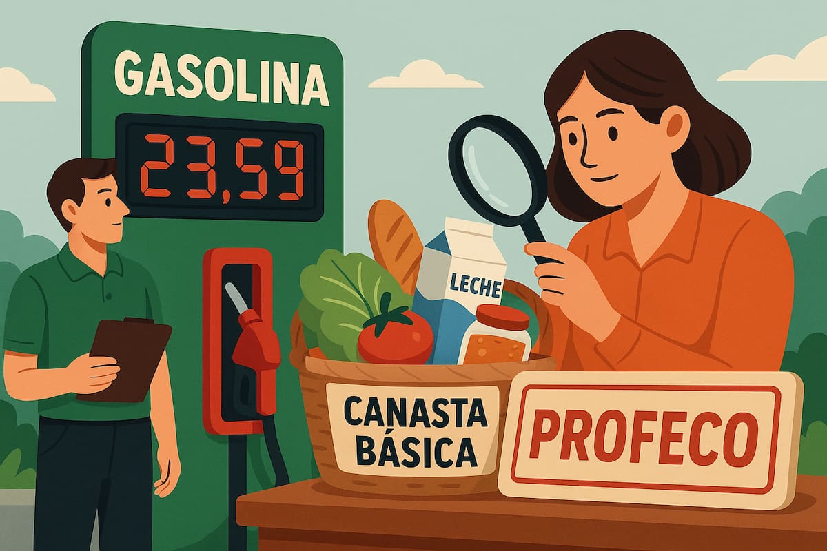 Profeco destaca baja sostenida en precio de gasolina y vigila cumplimiento del precio tope de la canasta básica. / Imagen ilustrativa hecha con IA (Chatgpt).