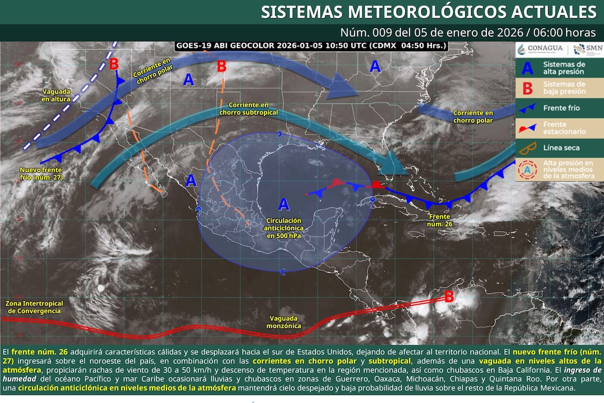 Frente frío 27 provoca chubascos, heladas y vientos fuertes este lunes 5 de enero: estados con lluvias y frío intenso, según el SMN