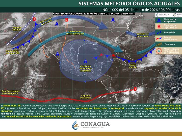 Frente frío 27 provoca chubascos, heladas y vientos fuertes este lunes 5 de enero: estados con lluvias y frío intenso, según el SMN