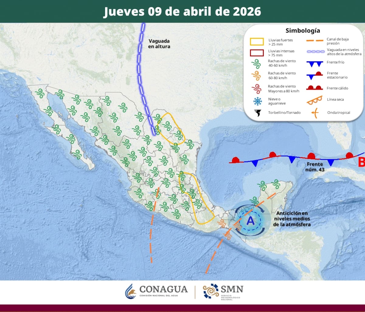 Pronóstico del clima para el jueves 9 de abril del 2026. | Crédito: SMN