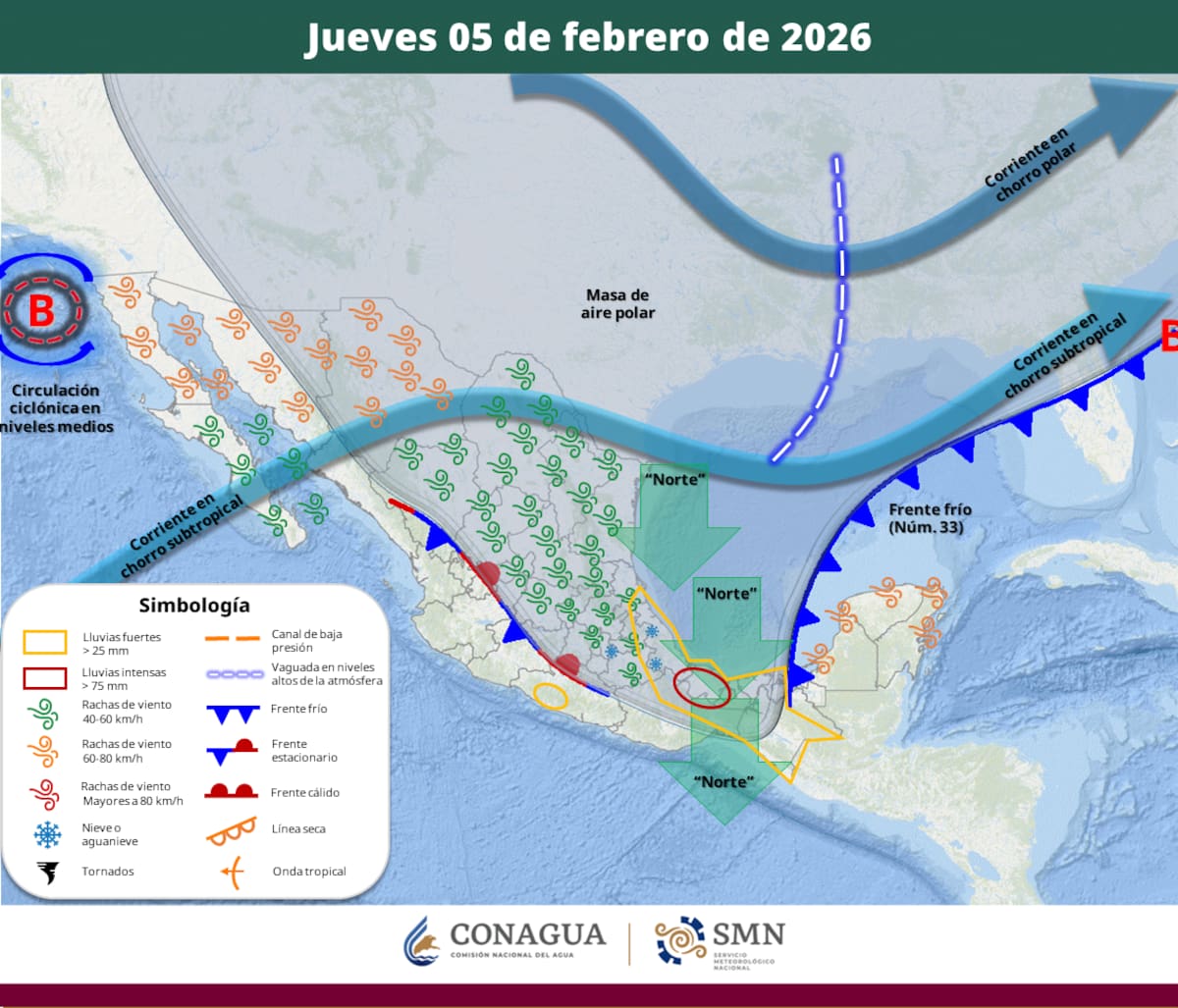 Servicio Meteorológico Nacional, fuente oficial del Gobierno de México. Mapa 5 de febrero.