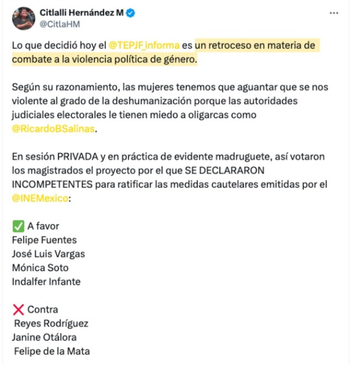 Así reaccionó Citlalli Hernández tras la resolución del TEPJF.