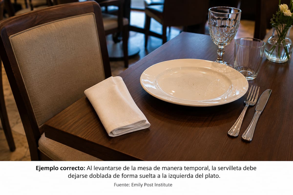 Al levantarse de la mesa por un momento, Emily Post Institute recomienda dejar la servilleta doblada de forma suelta a la izquierda del plato. | Imagen creada por IA de ChatGPT