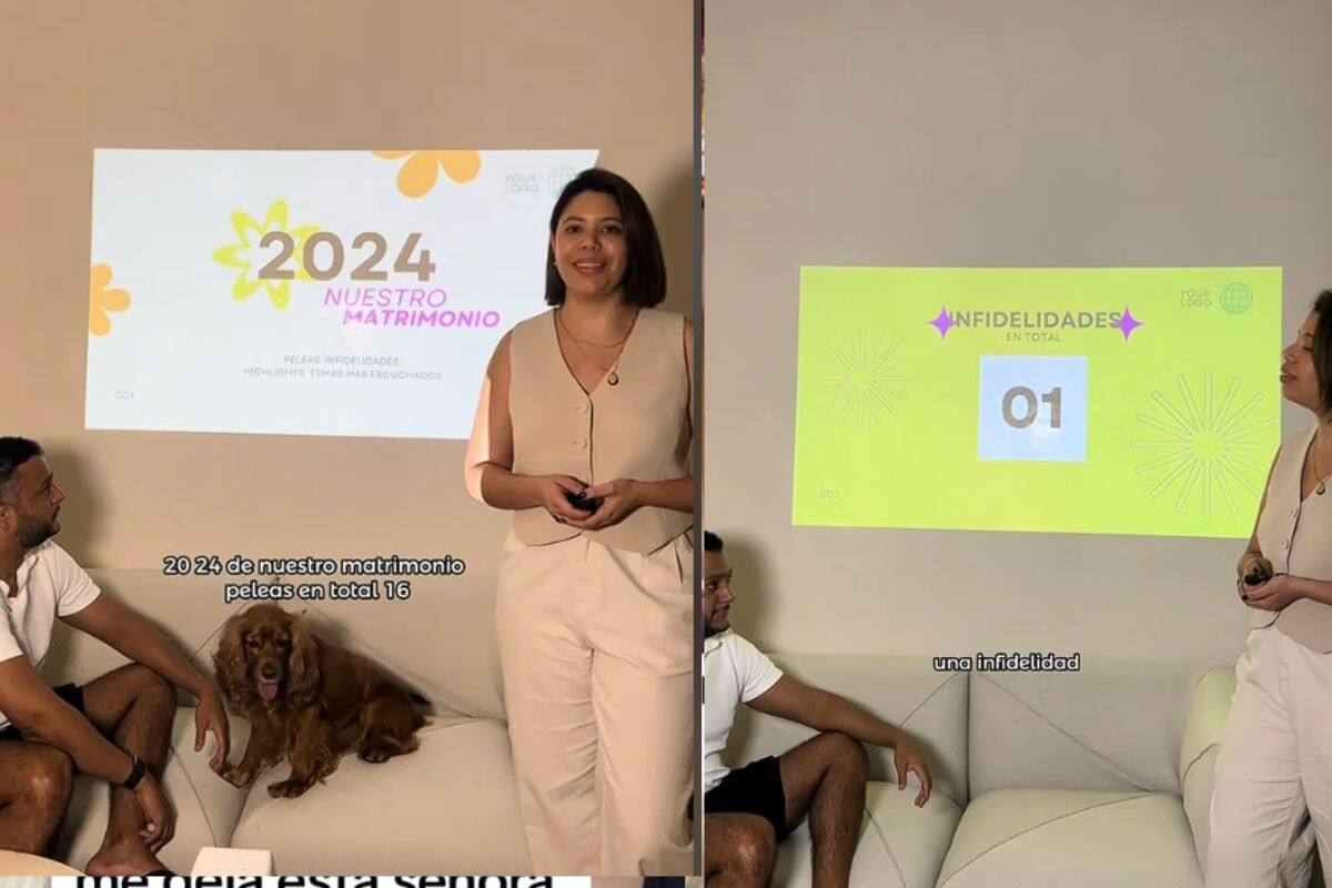 Mujer elabora una Power Point con un resumen de su matrimonio del 2024