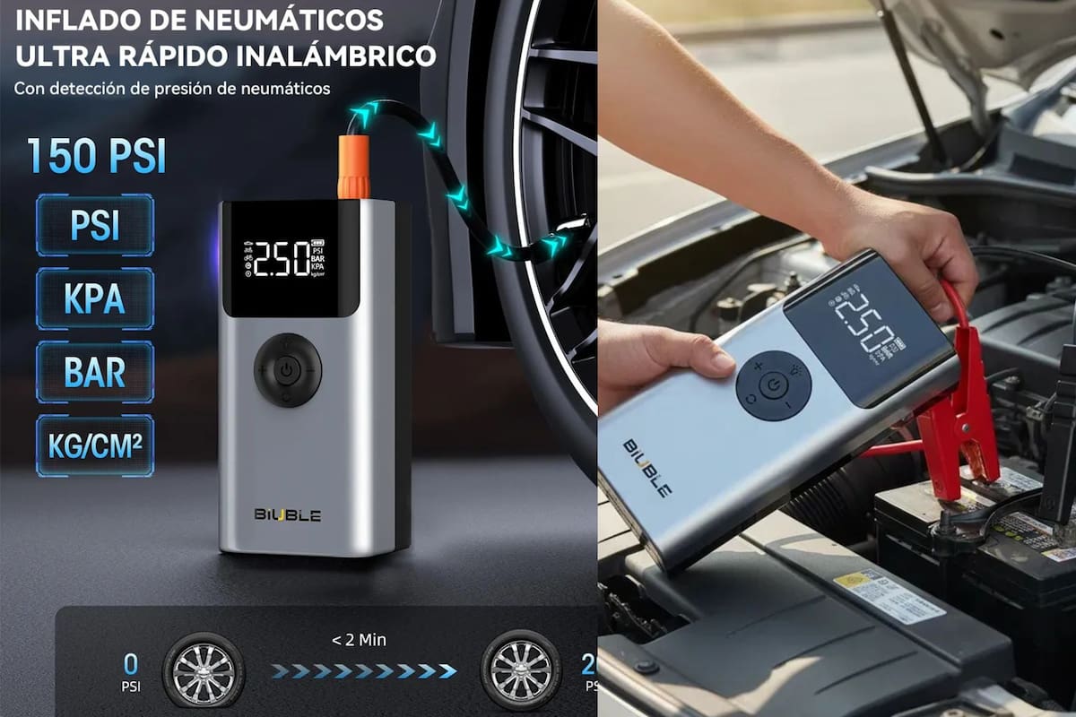 Mercado Libre rebaja a $720 MXN el arrancador de batería BIUBLE 4 en 1 que enciende motores de 10 litros e incluye inflador de llantas automático con 55% de descuento