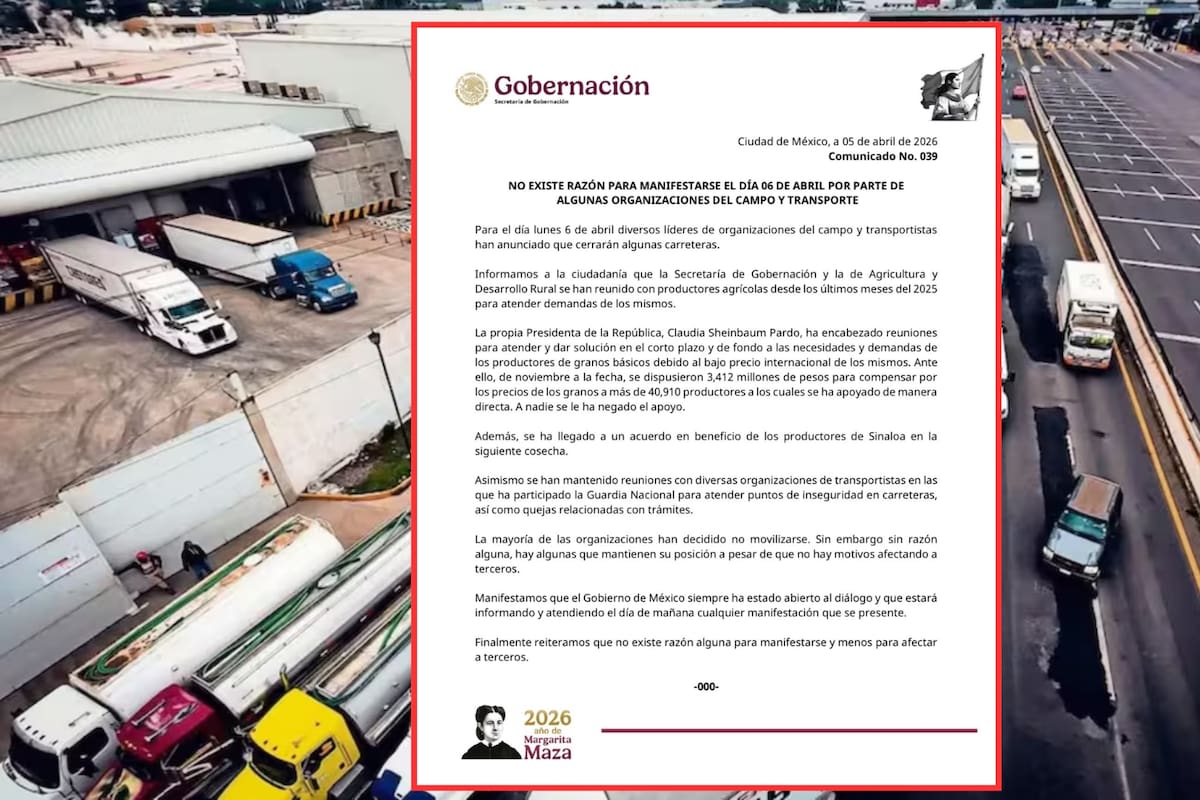 Ante el paro convocado por transportistas y agricultores en México, el gobierno federal asegura que no existen motivos para manifestarse y advierte afectaciones a terceros por bloqueos carreteros