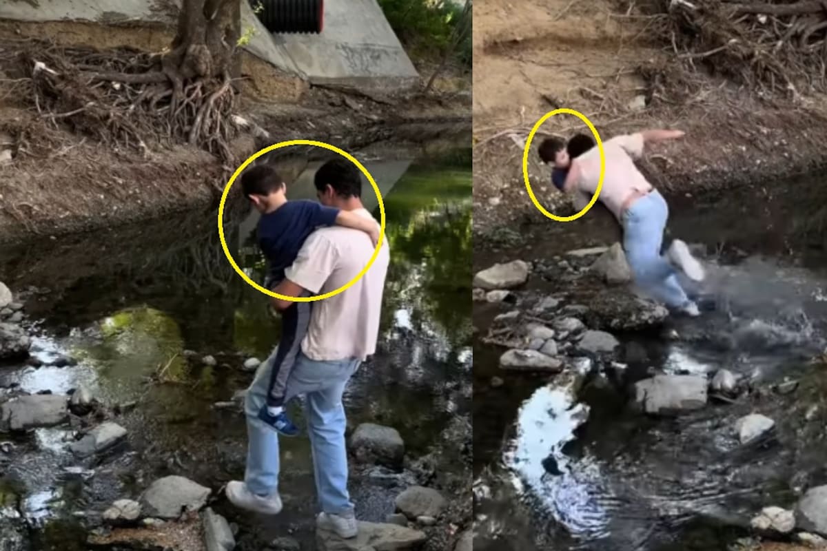 “Activó el modo duranguense”: Hombre se vuelve viral por su creatividad al resbalarse con su hijo y evitar caer al agua
