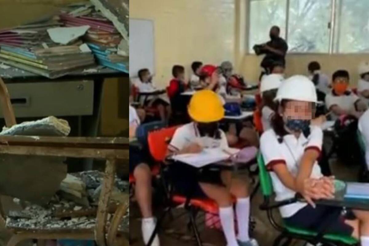 Alumnos de primaria en Monterrey asisten con casco a clases ante posibles derrumbes