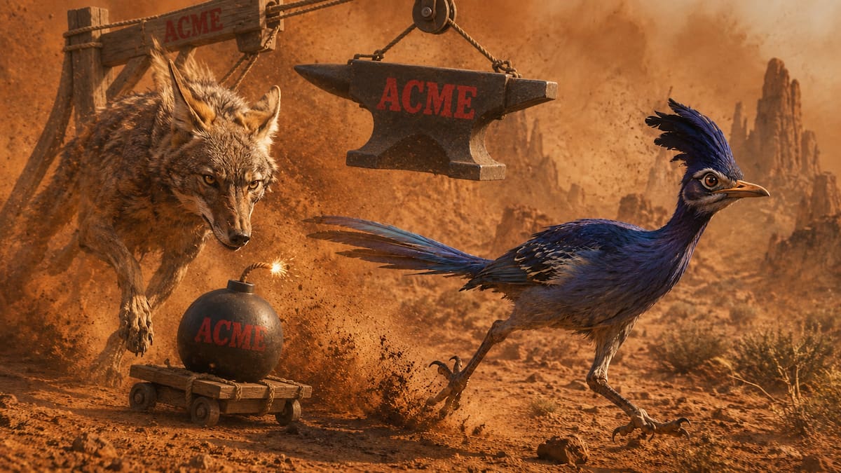 El Coyote y el Correcaminos aparecen frente a frente en una interpretación de aspecto cinematográfico que mantiene los rasgos más reconocibles de ambos personajes.