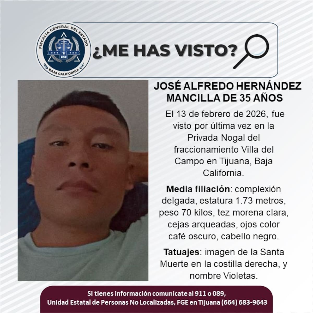 Fue visto por última vez el 13 de febrero de 2026