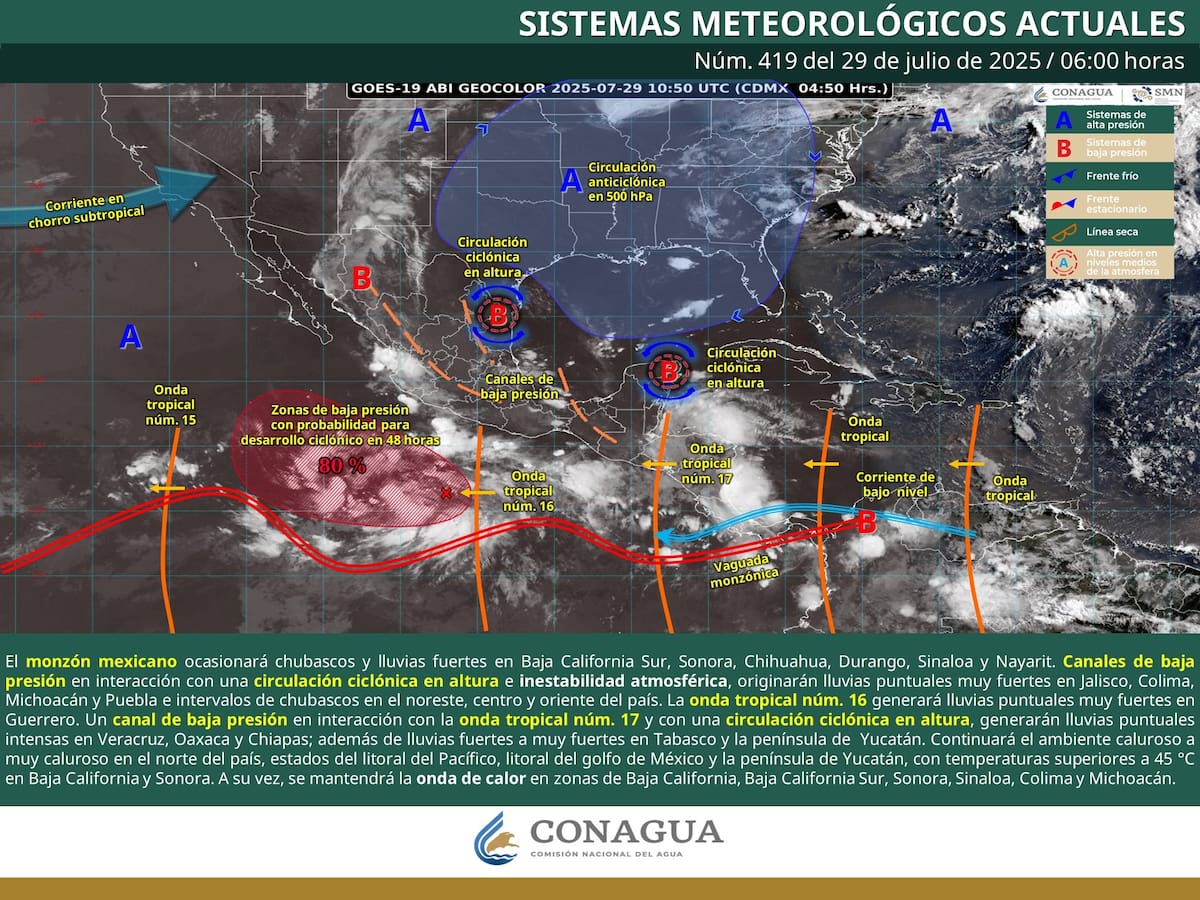 Pronóstico del tiempo para este martes 29 de julio del 2025. | Crédito: SMN/Conagua