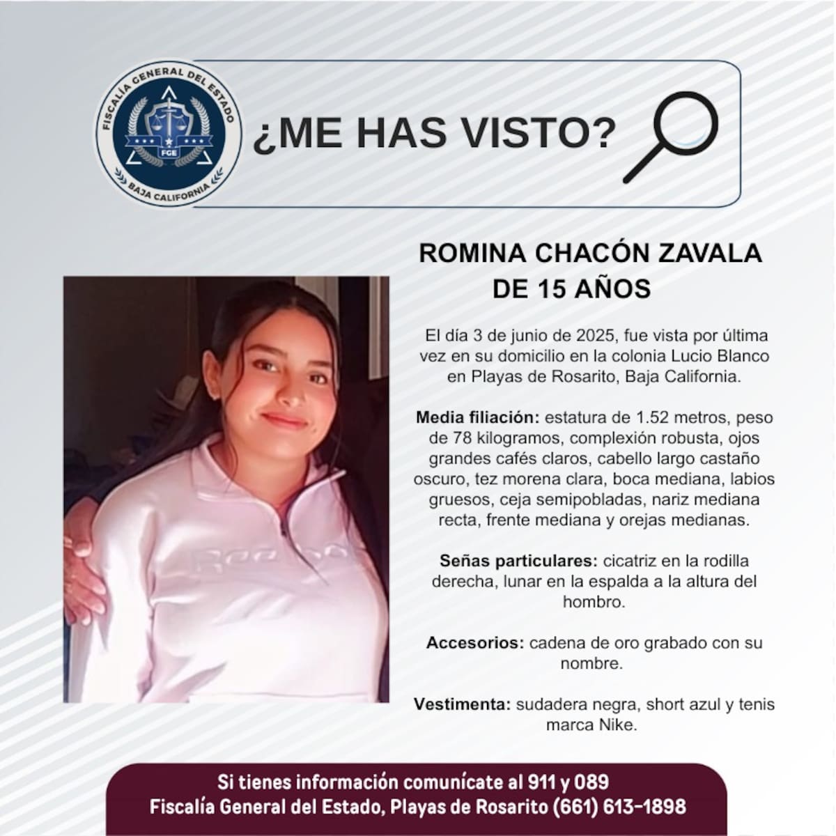 Romina Chacón Zavala fue vista por última vez el 3 de junio de 2025.