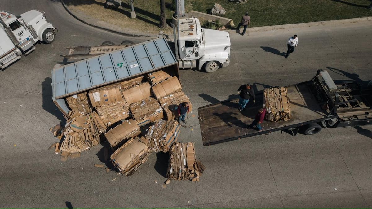 Pacas de cartón quedaron esparcidas sobre la vialidad tras el accidente registrado cerca de Plaza Pacífico durante la mañana de este martes. Foto: Border Zoom