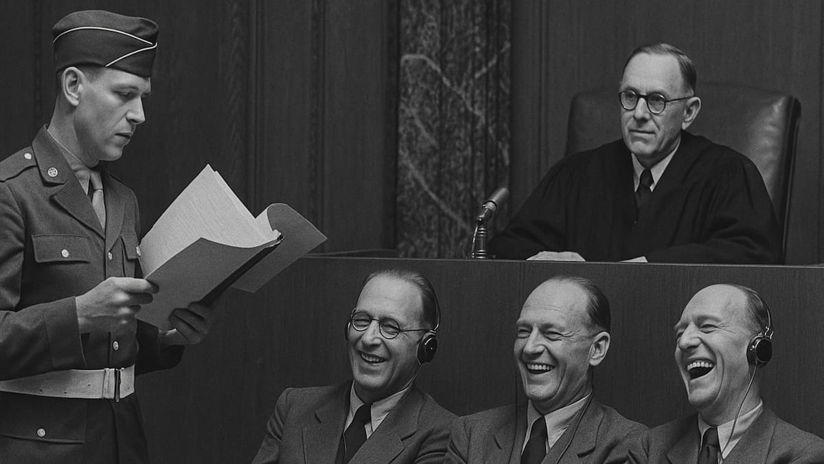 El Tribunal Militar Internacional no contemplaba sanciones por reírse o mostrarse despreocupado, pero sí existían advertencias por alteraciones mayores del orden. (Imagen hecha con IA)