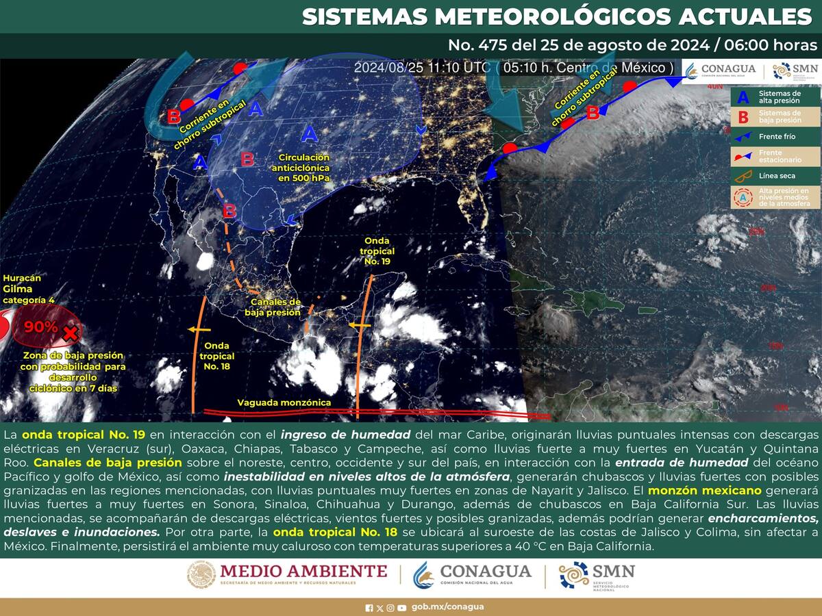 Pronóstico para este domingo, 25 de agosto del 2024. | Crédito: SMN