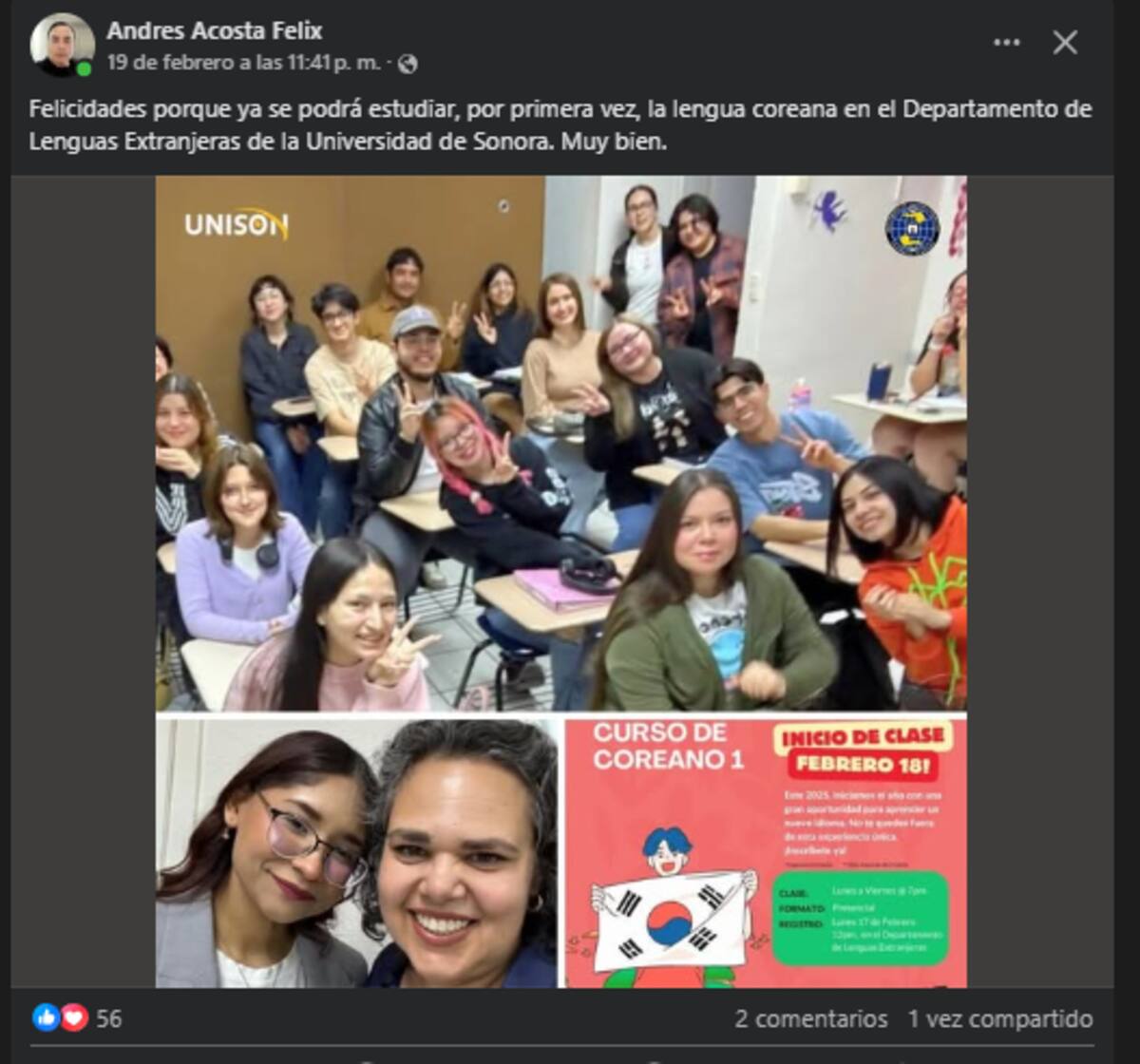 La Universidad de Sonora abre por primera vez en la historia un curso de enseñanza de la lengua coreana. Foto: Facebook