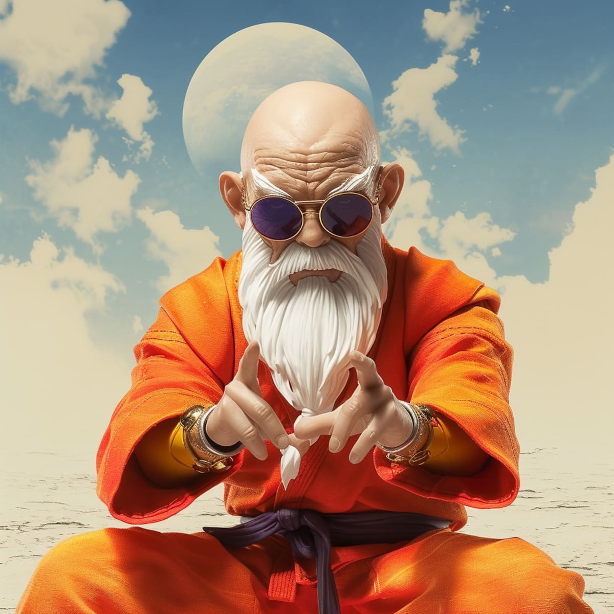 La IA revela la imagen de Maestro Roshi: sin cabello, con gafas de sol y un atuendo japonés, fusionando la tradición con la experiencia.