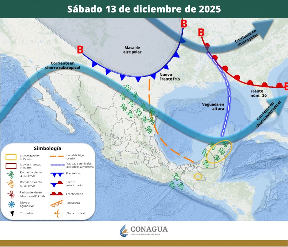 Pronóstico del clima para este sábado 13 de diciembre del 2025. | Crédito: SMN
