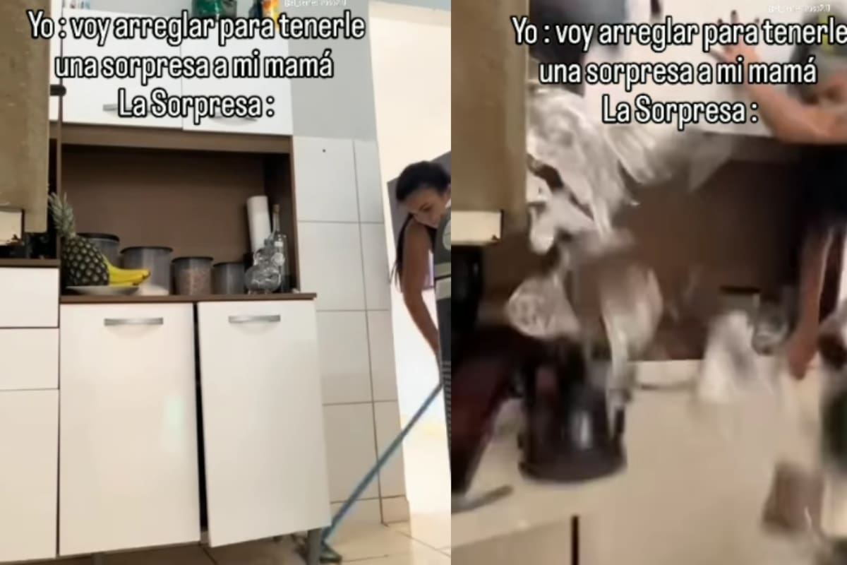 “Amiga, cámbiate de planeta antes de que te encuentre tu mamá”: joven limpiaba su casa, tira la pata de un mueble y la alacena se le viene encima.