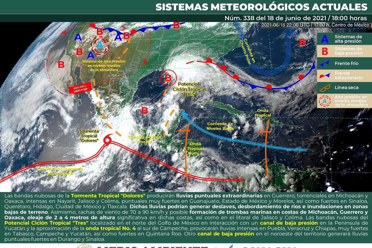 La tormenta tropical Dolores generará fuertes vientos, lluvias y oleaje elevado en estados del Occidente y Sur de México