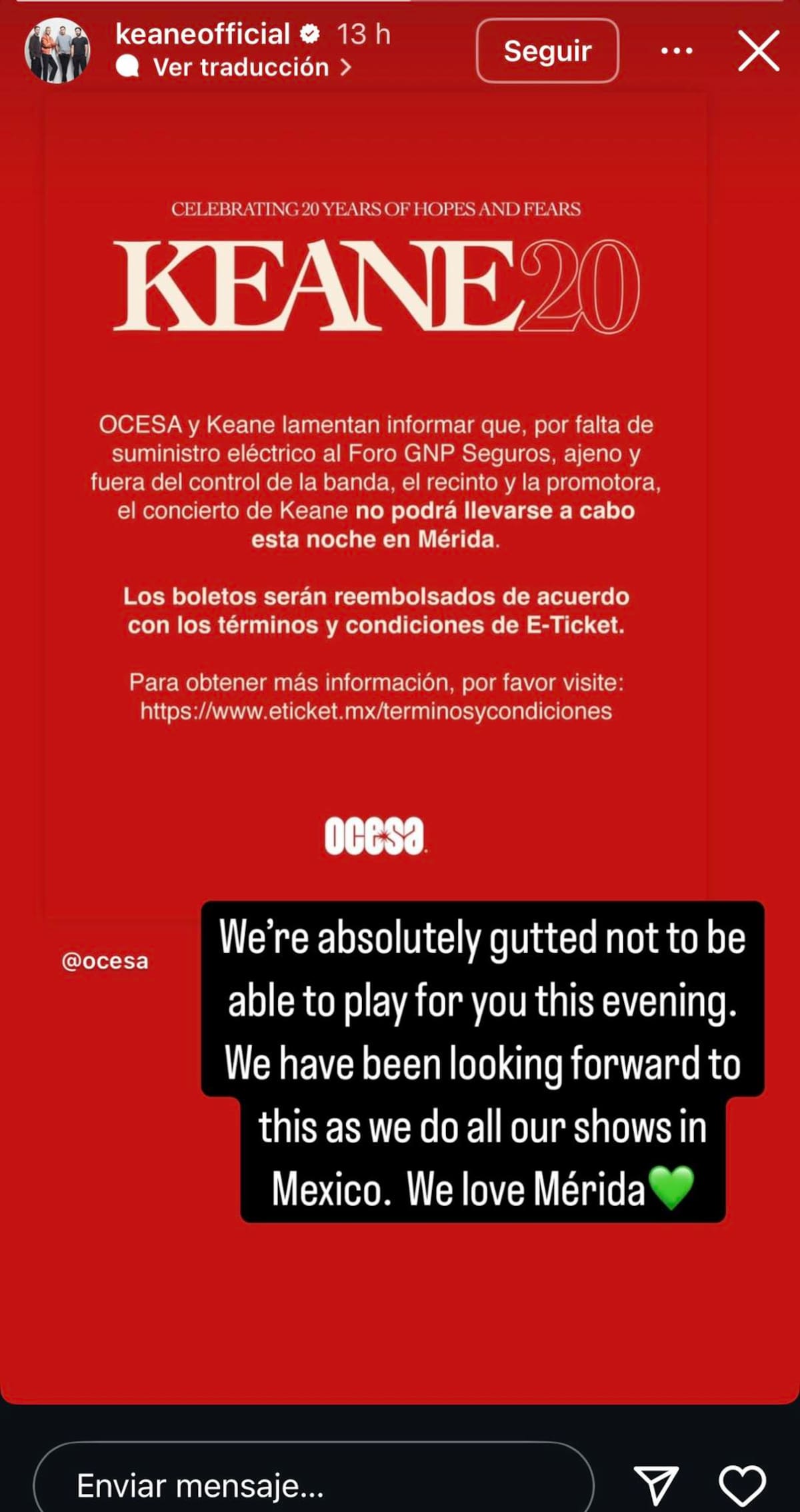 Keane cancela su concierto en Mérida |Especial / Captura de pantalla