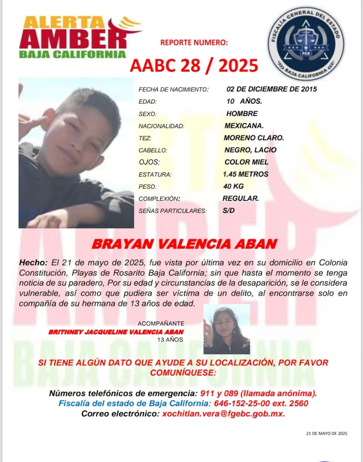 Alerta Amber de Brayan Valencia Aban de 10 años.