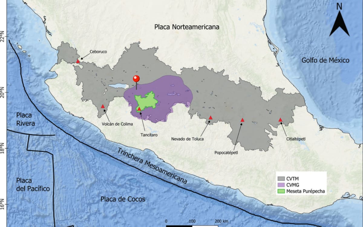 Foto: Research Gate.
Cinturón Volcánico Transmexicano (CVTM); Campo Volcánico Michoacán-Guanajuato (CVMG); Meseta Purépecha (MP). Los triángulos rojos muestran la ubicación de los estratovolcanes más importantes.
El pin rojo indica la ubicación aproximada de Ixtlán de los Hervores.