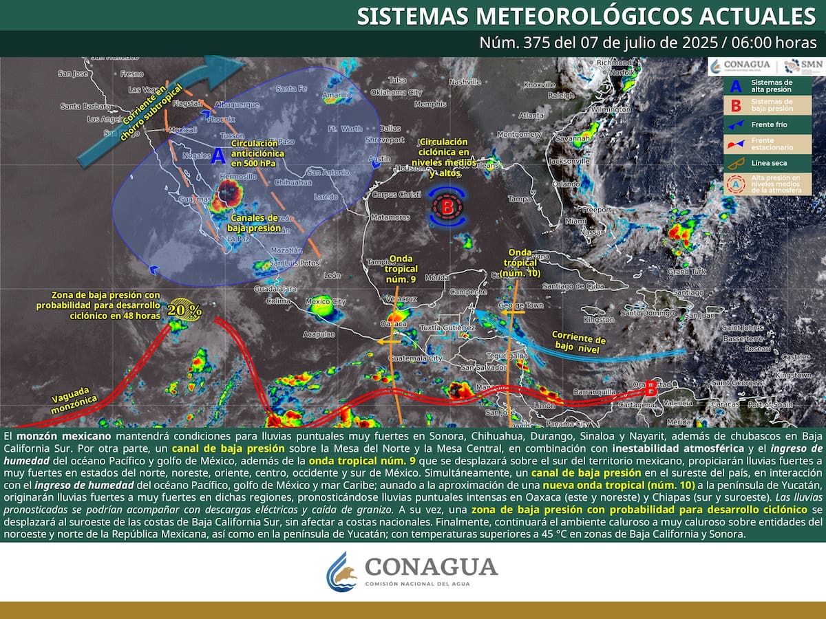 El pronóstico del clima para este lunes 7 de julio del 2025. | Crédito: SMN/Conagua