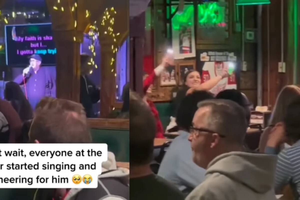Hombre de la tercera edad se anima a cantar karaoke y, al final, todo el restaurante se suma a la canción