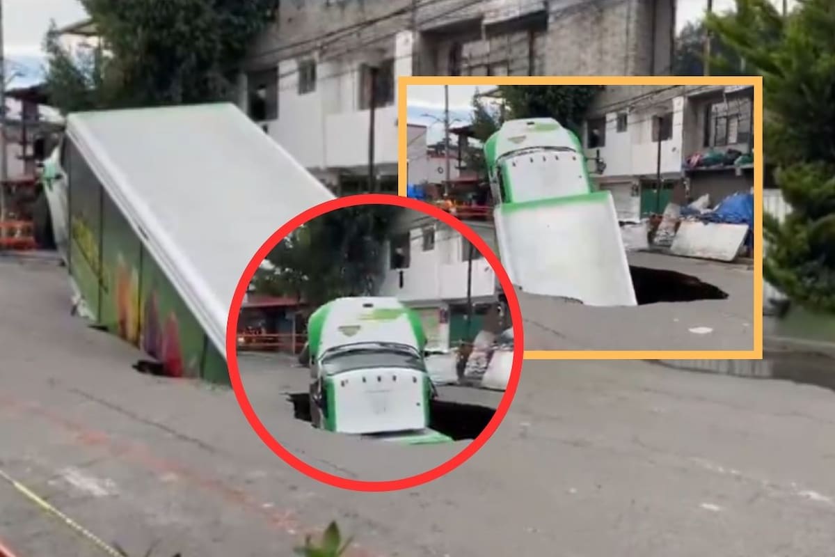 Camión de refrescos se hunde en enorme socavón en la alcaldía Iztapalapa