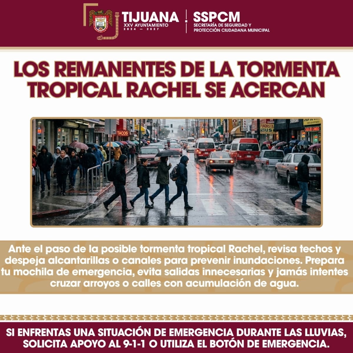 Ante la llegada de las precipitaciones por la tormenta Rachel, la SSPCM alertó sobre el riesgo de deslaves, encharcamientos y caída de cables en Tijuana; autoridades exhortan a reportar cualquier incidente al 9-1-1. Foto: Cortesía