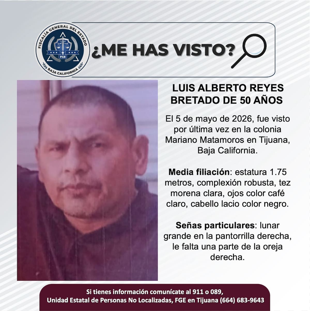 Fue visto por última vez el 5 de mayo de 2026.