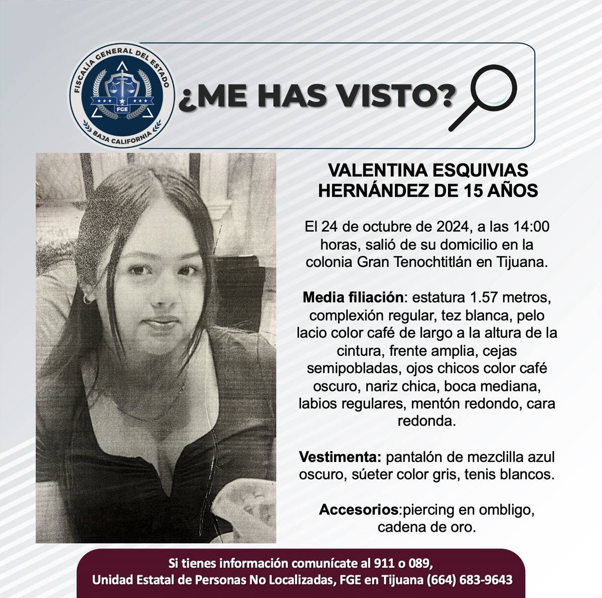 Valentina Esquivias Hernández fue vista por última vez el 24 de octubre de 2024.