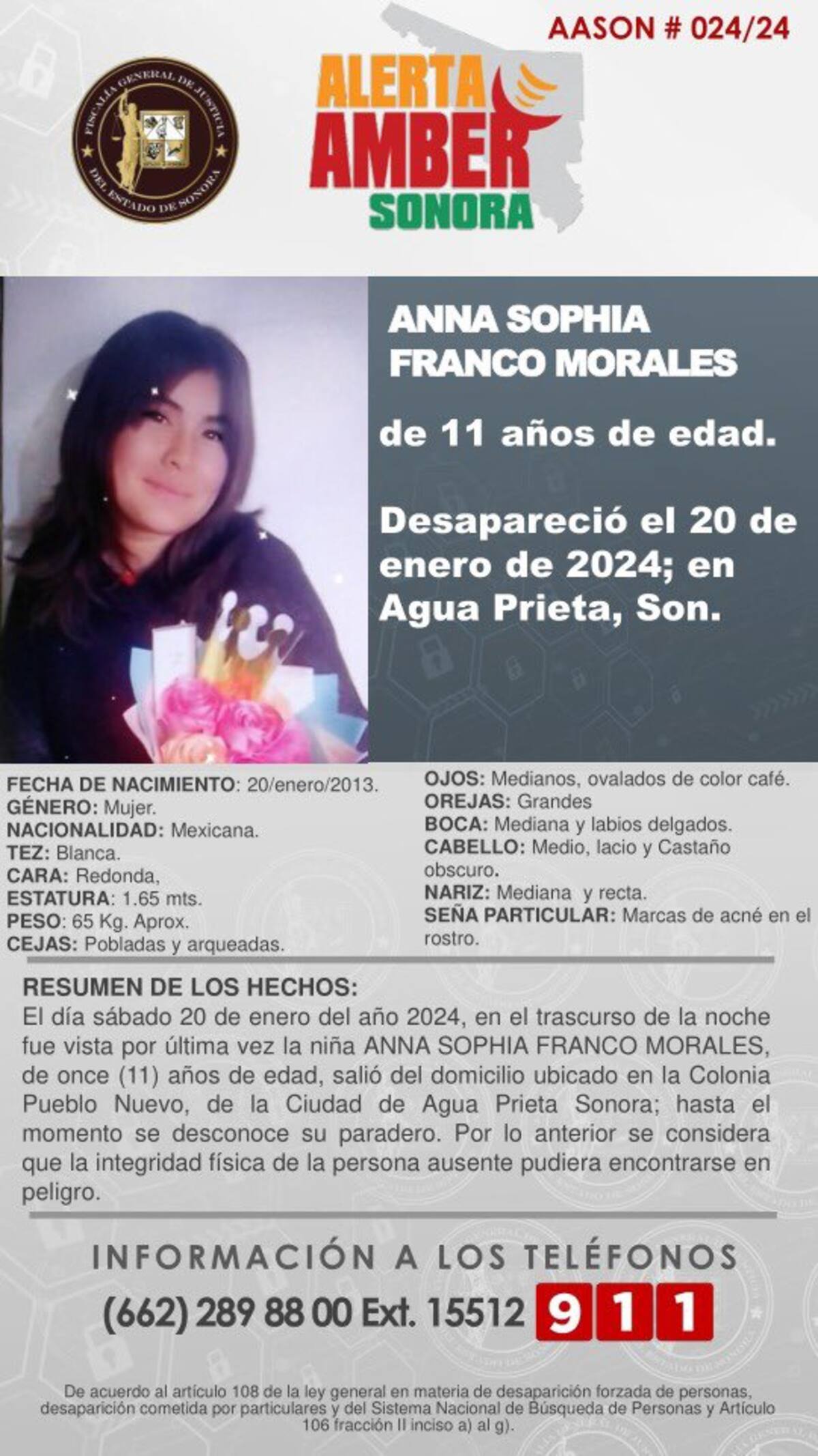 Activan Alerta Amber por Anna Sophia Franco Morales, menor desaparecida en Agua Prieta