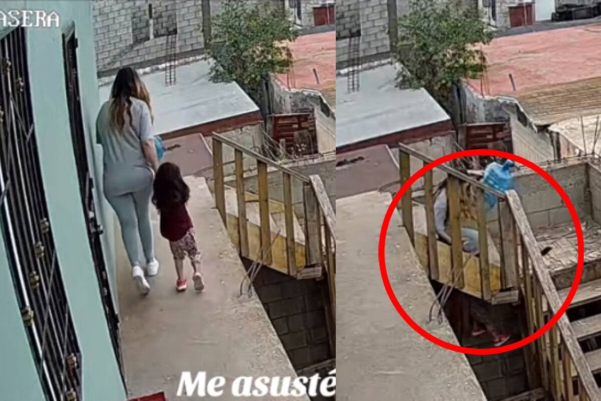 VIRAL | Mujer queda colgando con su hija de una escalera mientras su hermano llega tarde al rescate