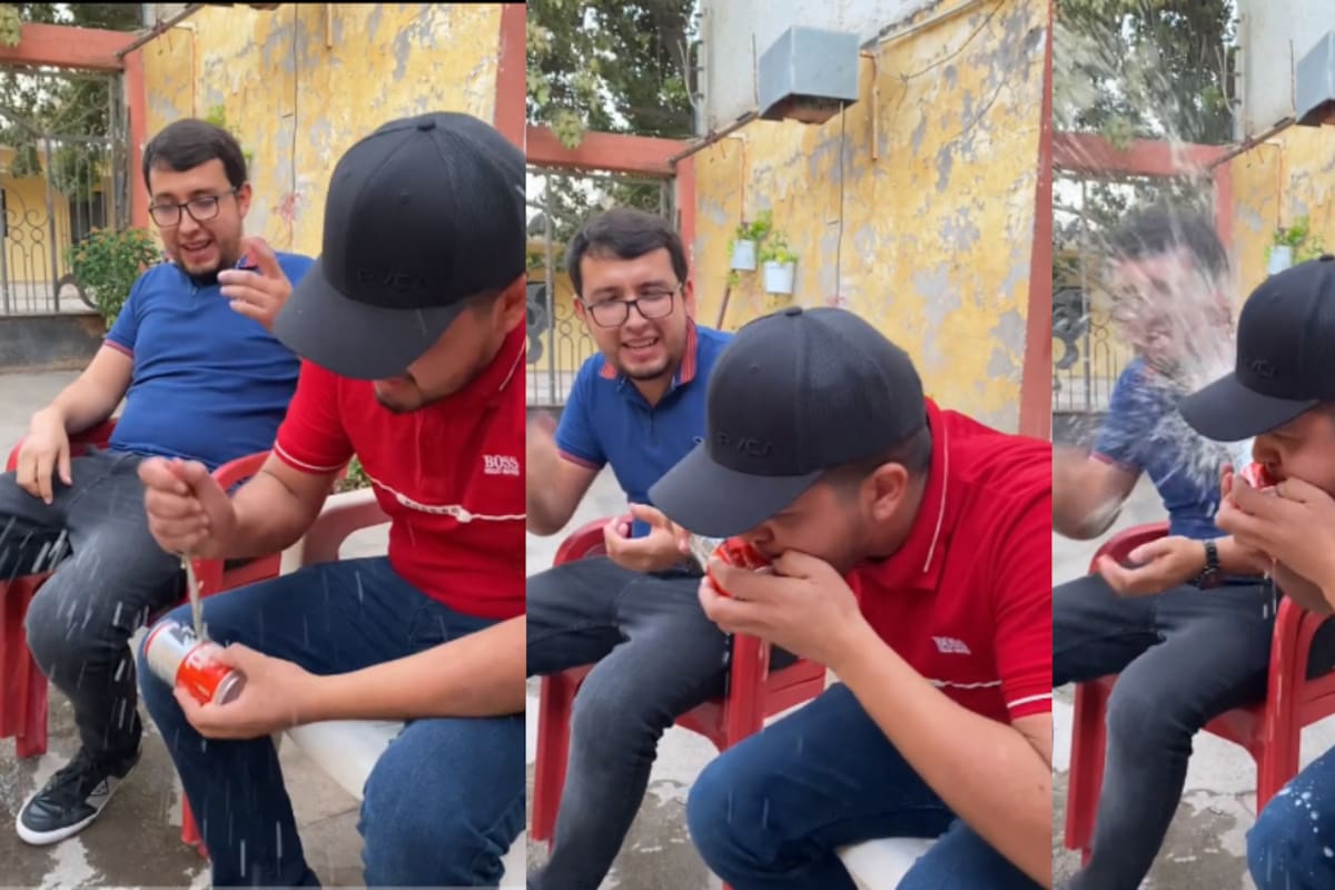 VIDEO: joven intenta beber cerveza al agujerear la lata, pero termina escupiendo a su amigo