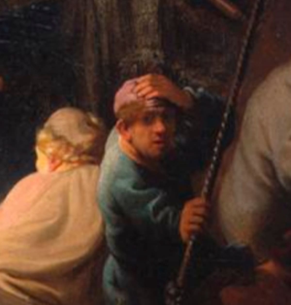Detalle de la pintura en la que se observa el autorretrato de Rembrandt