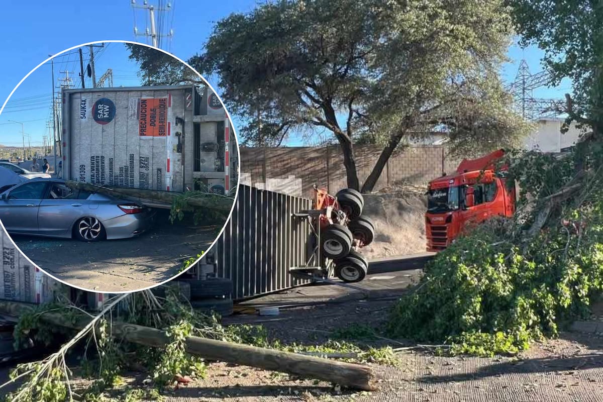 Caja de tractocamión se vuelca en Nogales