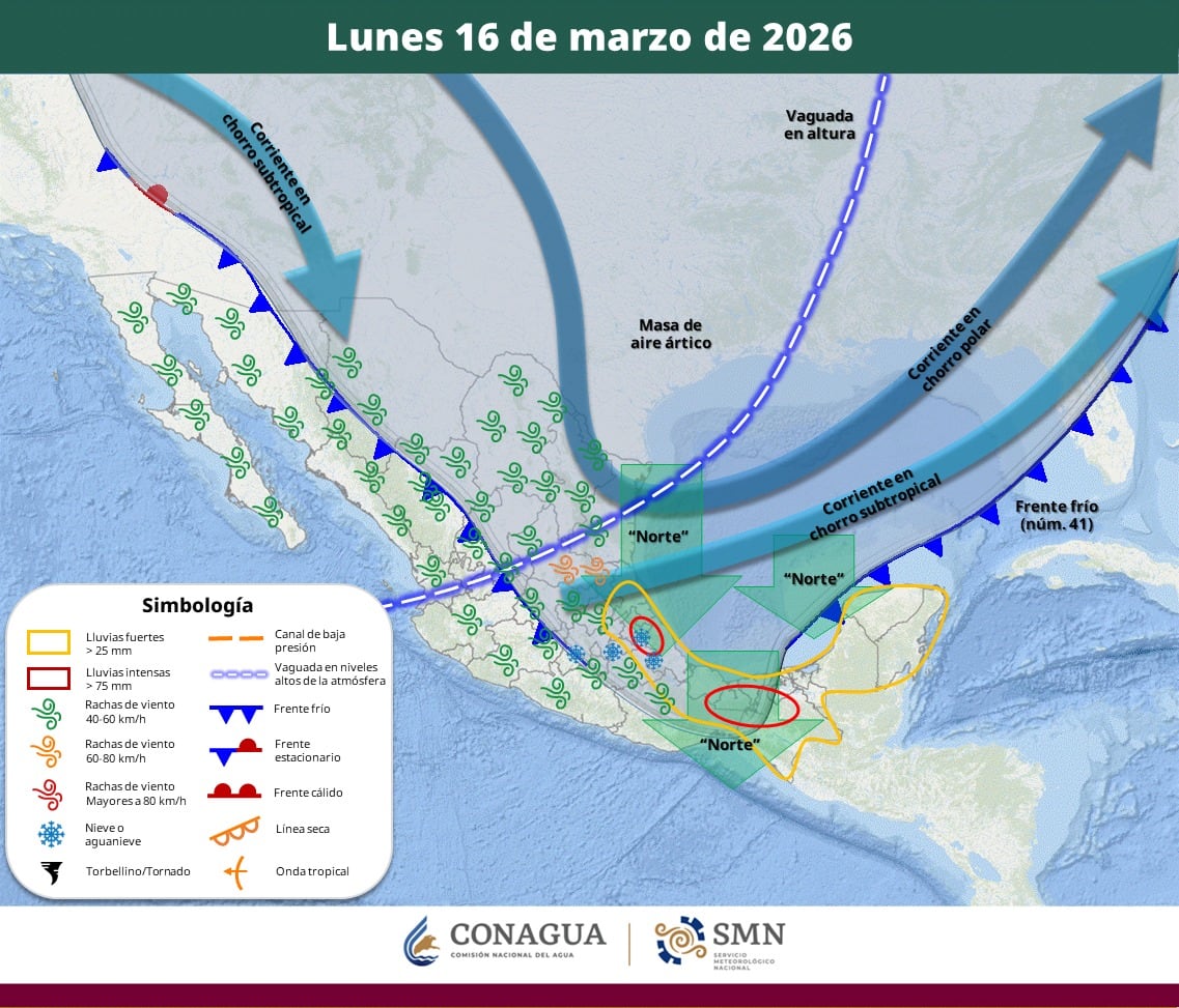 Pronóstico del clima para el lunes 16 de marzo del 2026. | Crédito: SMN