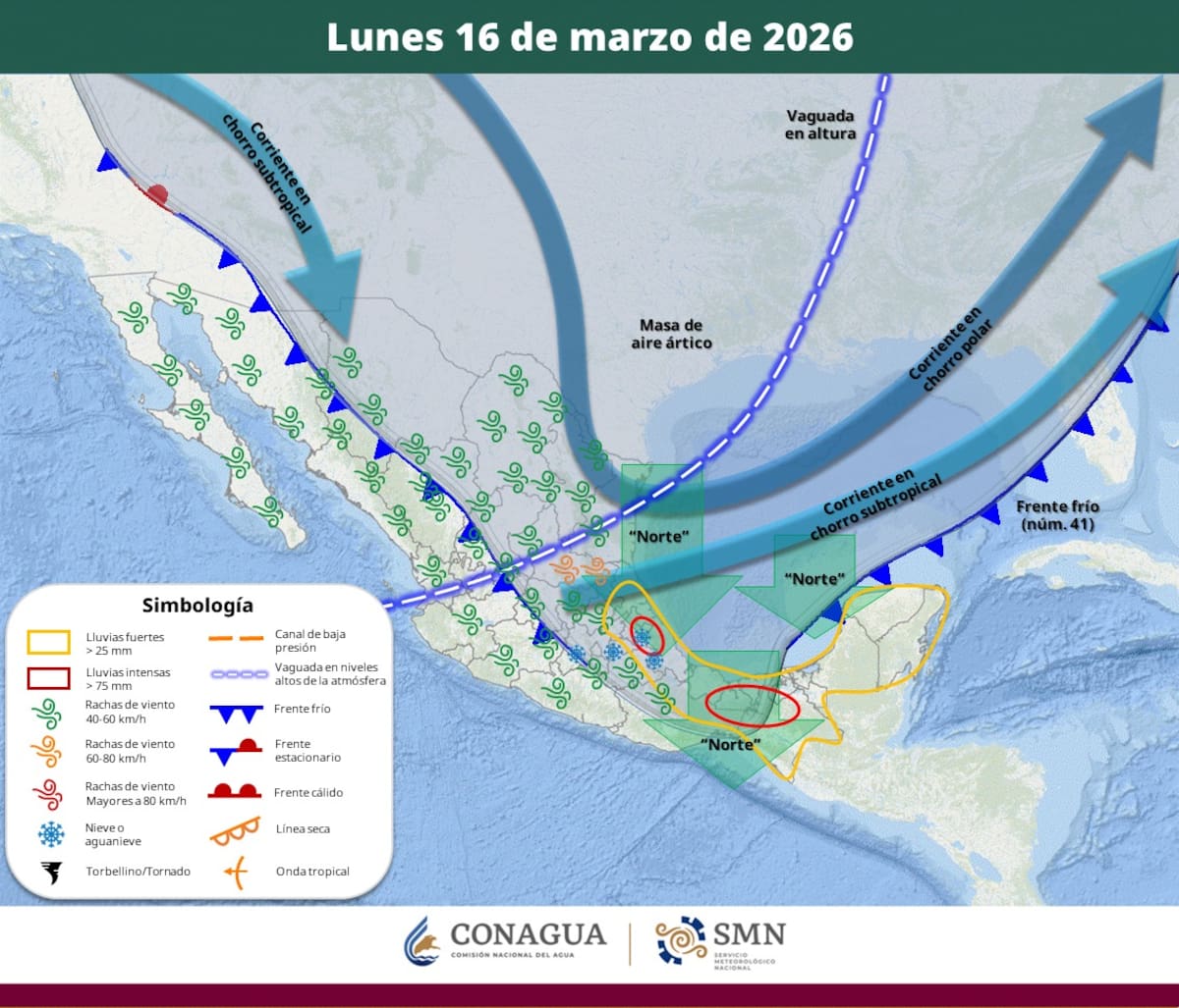 Pronóstico del clima para el lunes 16 de marzo del 2026. | Crédito: SMN