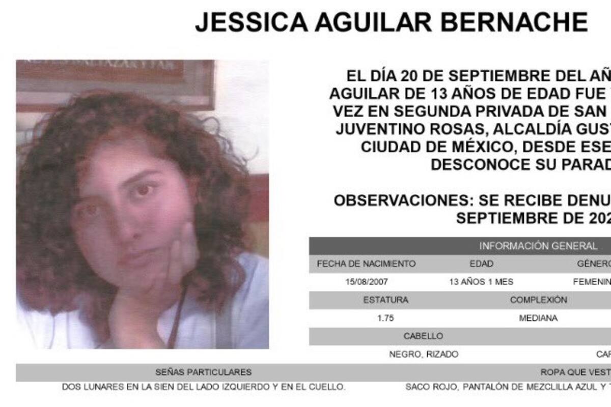 La menor Jessica Aguilar Bernache, de 13 años de edad, se extravió en la CDMX el pasado 20 de septiembre y no se sabe de su paradero